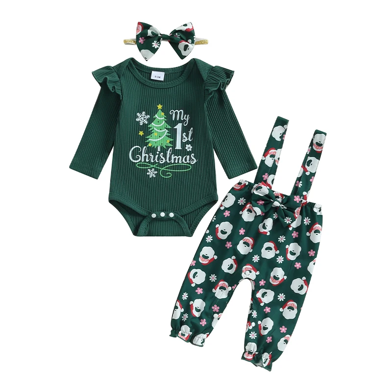 

Infant Baby Girl Christmas Outfit Long Sleeve Ruffles Ribbed Romper Suspender Pants Winter Clothes