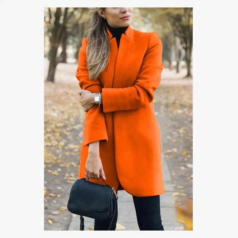 

Faionable Pure Color Stand Collar Woolen Coat for Women Long Sve Casual Autumn Winter Outerwear Commute Sle C67395d
