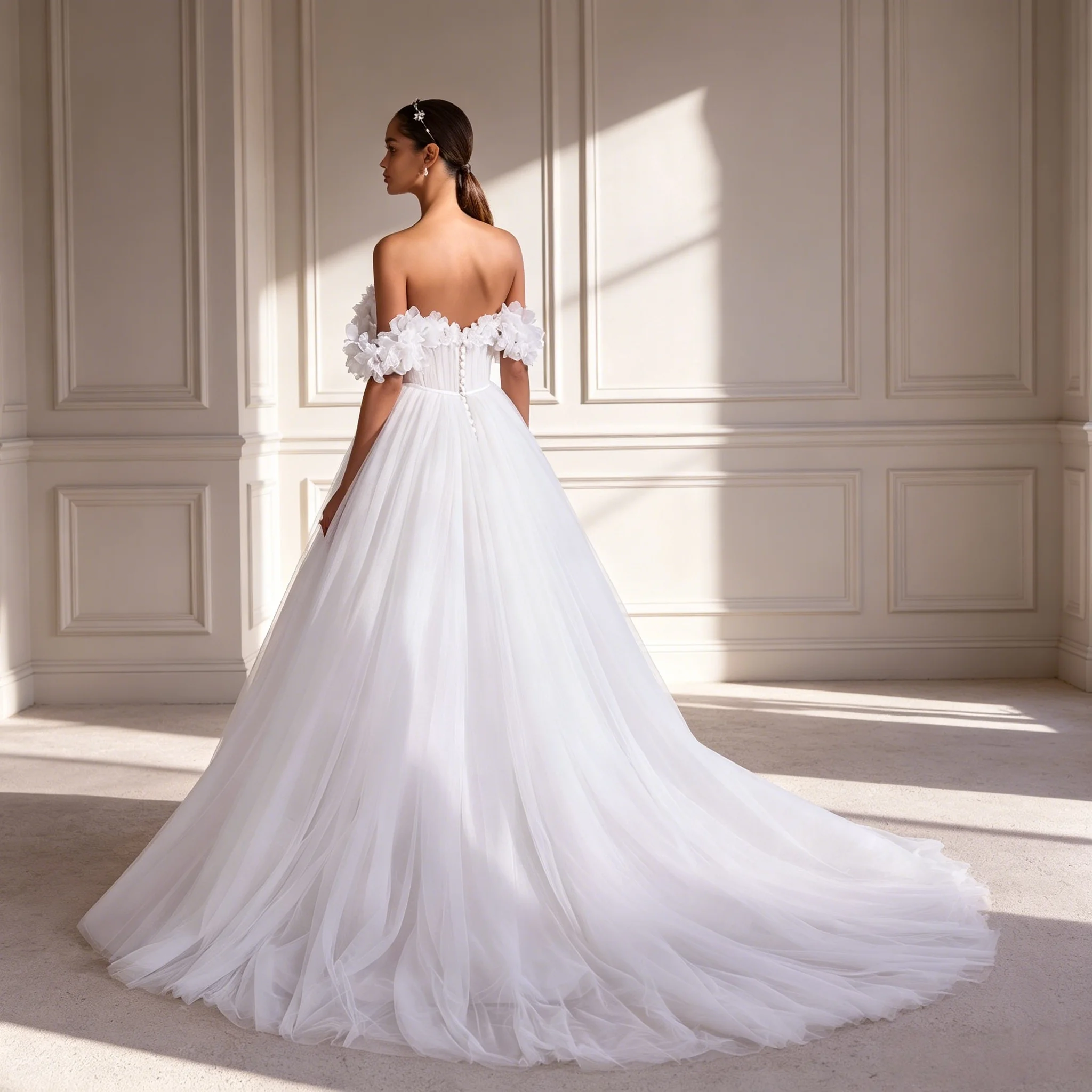 3D Floral Off Shoulder Tulle A Line Wedding Dress Plunge Sweetheart Ruched Corset Chapel Train Fairy Bridal Gown Customizable