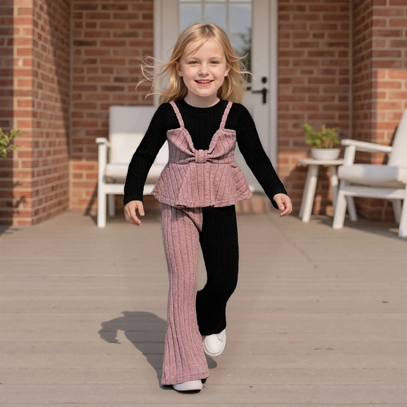4-10Y Fashion Girls Knitted Outfit Fake Two Piece Design Contrast Color Ribbed Long Sleeve Tops Slightly Flared Pants 2 Pcs Set