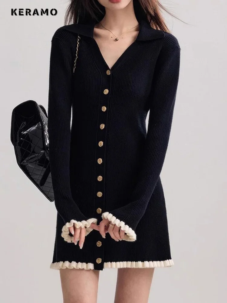 2025 Autumn Winter French Old Money Long Sleeve Knit Dress Women 2000s V-Neck Frock Mini One-Piece Vintage Coquette Elegant