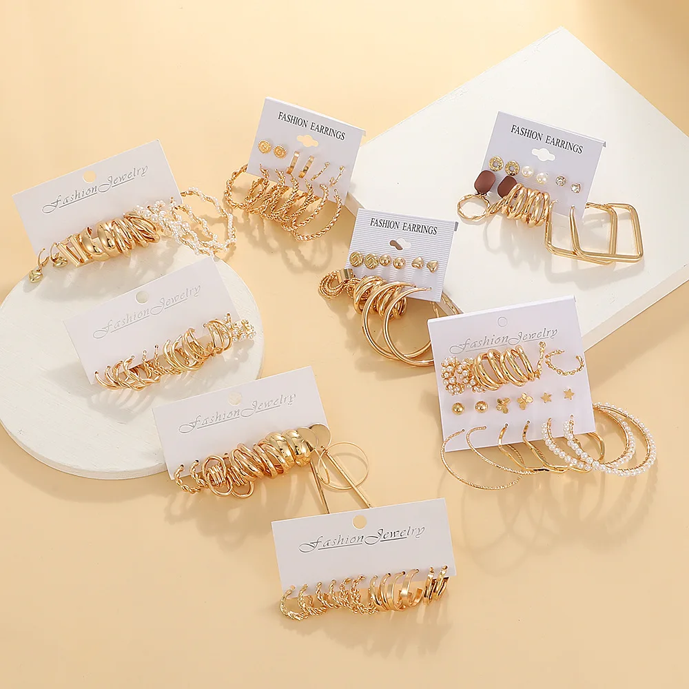 6 Pairs Earrings Set for Women Gold Color Big Drop Dangle Geometric Circle Earring Trendy Luxury Ear Jewelry Gift Accessories