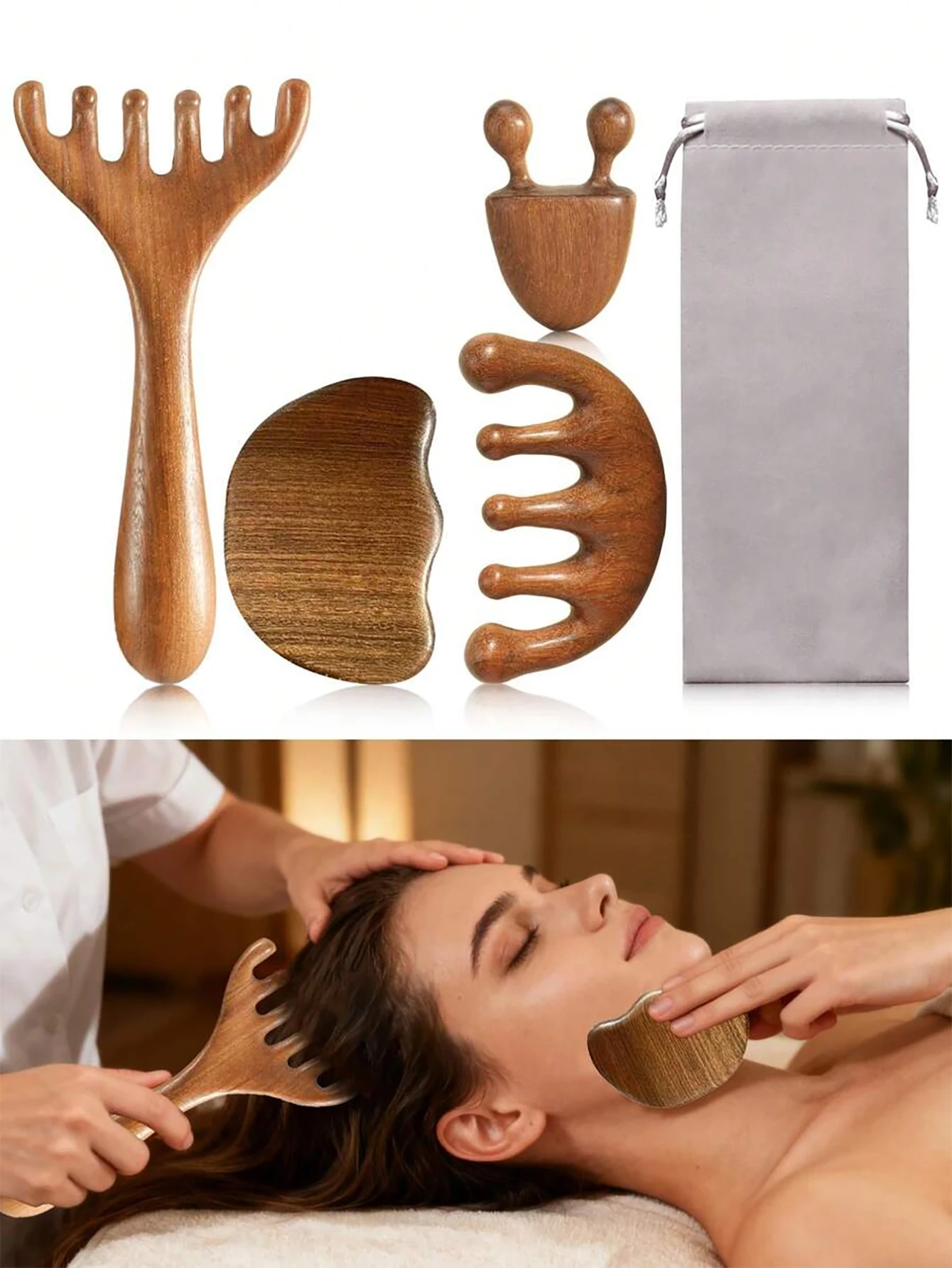 Ensemble de 4/2 pièces de masseurs en bois de santal, ensemble d'outils de massage facial Gua Sha, comprenant un peigne de massage pour la tête, un bâton de massage beauté pour le visage, une planche Gua Sha pour le corps, pour la relaxation des méridiens et des muscles.