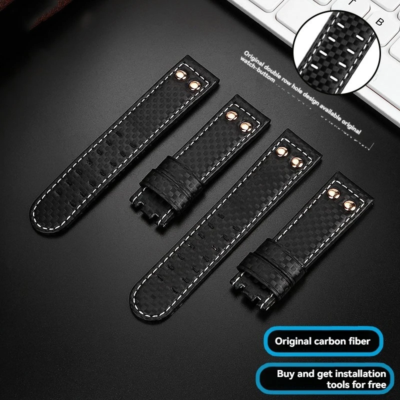 22mm Carbon Fiber Leather Strap For Hamilton Khaki Aviation X-Wind H77696793 H77616533 Rose Gold Rivet Pilot Replacement Band