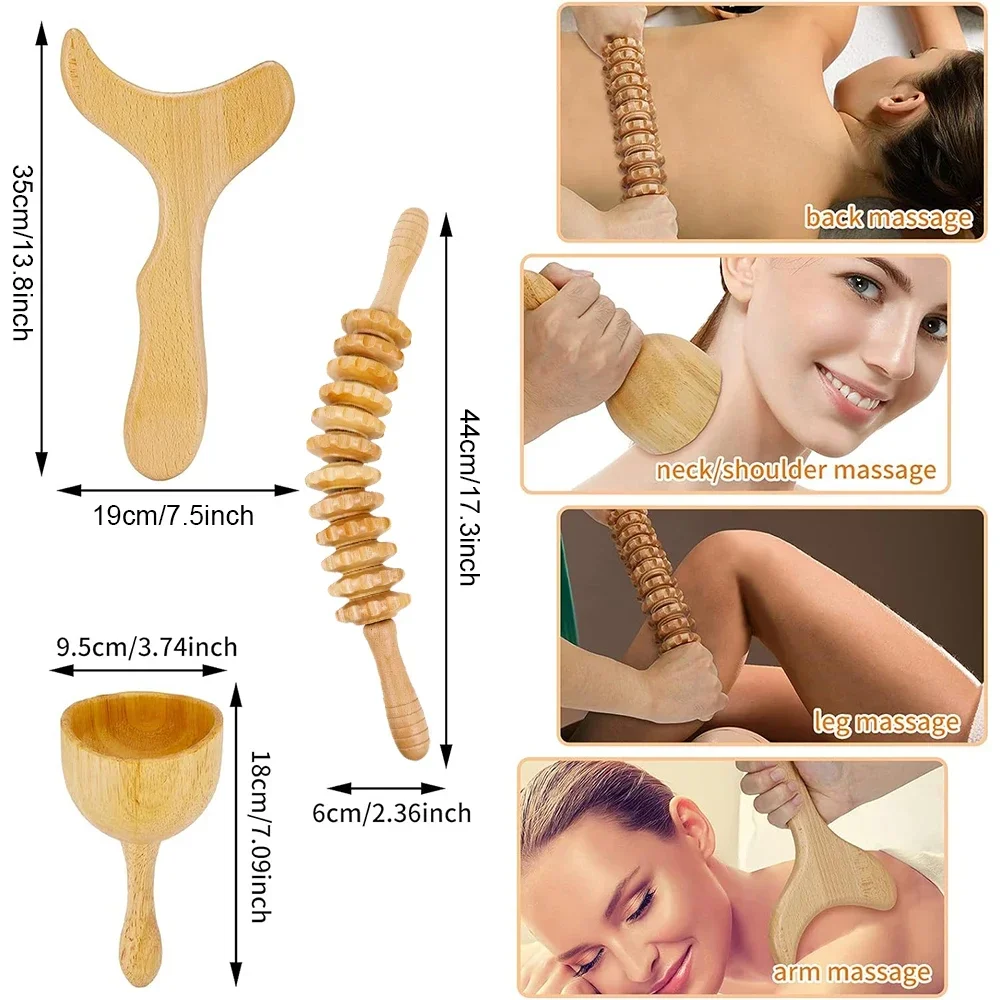 Wood Therapy Massage Tools, Anti Celulite Roller Stick, Gua Sha Board, Massage Cup for Body Muscle Tension Relief