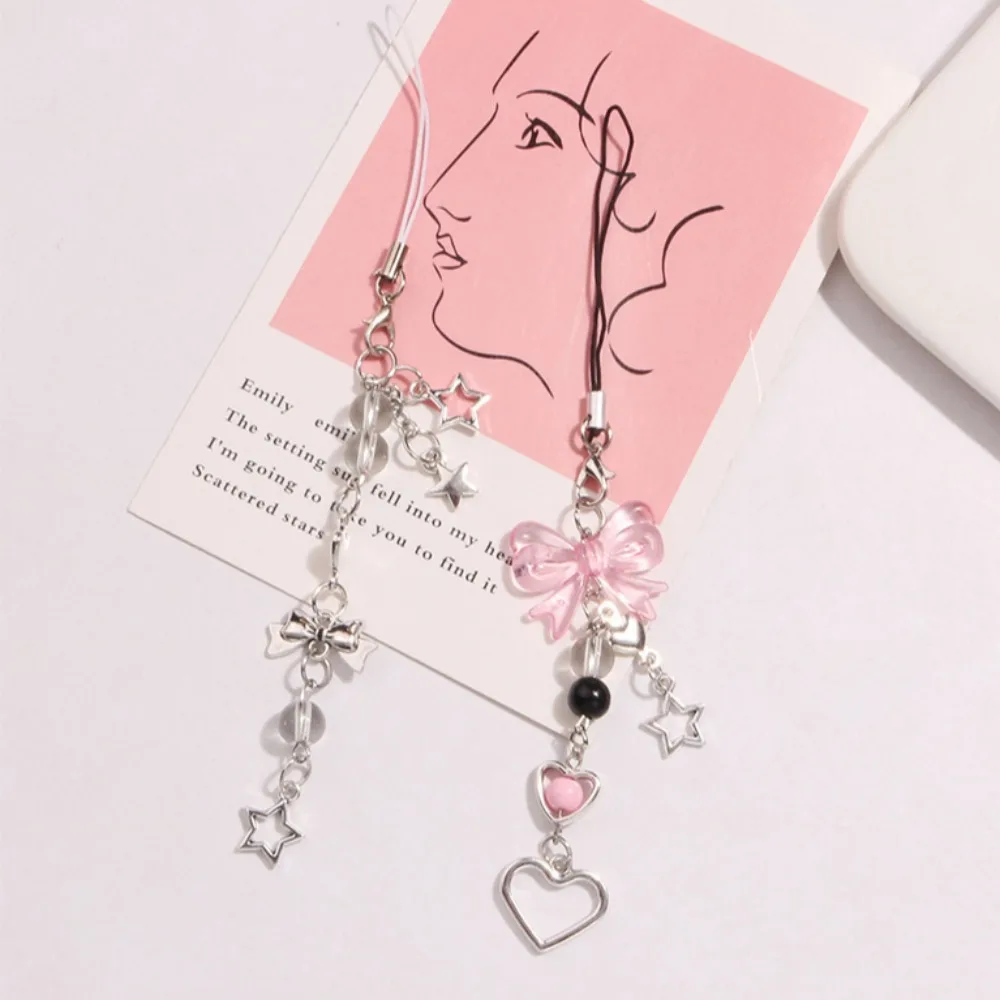 Y2K Phone Charm Pink Silver Bow Heart Star Keychain Pendant Key Chain Bag Phone Chain Cute Accessory For Girls Women Jewelry