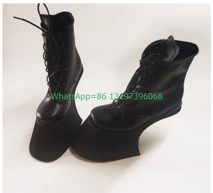 Lady cut-out black sexy heeless heels boots lace-up hollow design PU dance dress boots platform super heel calf boots footwear