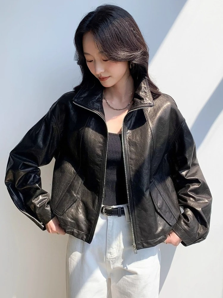 Casual Kurze Echtes Leder Jacken für Frauen Frühling Herbst High-end-Einfache Stehkragen Lose Weiche Öl Wachs Echt ziegenleder Mantel