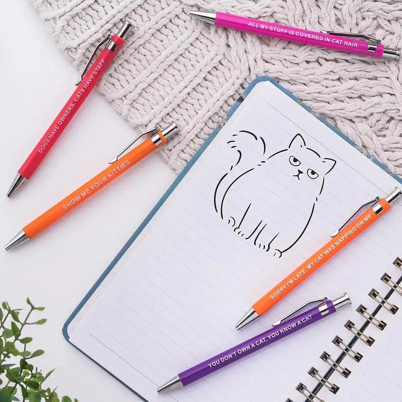 Canetas esferográficas engraçadas com frase diferente, Canetas engraçadas para amantes de gatos e cães, Uso diário, 5 pcs