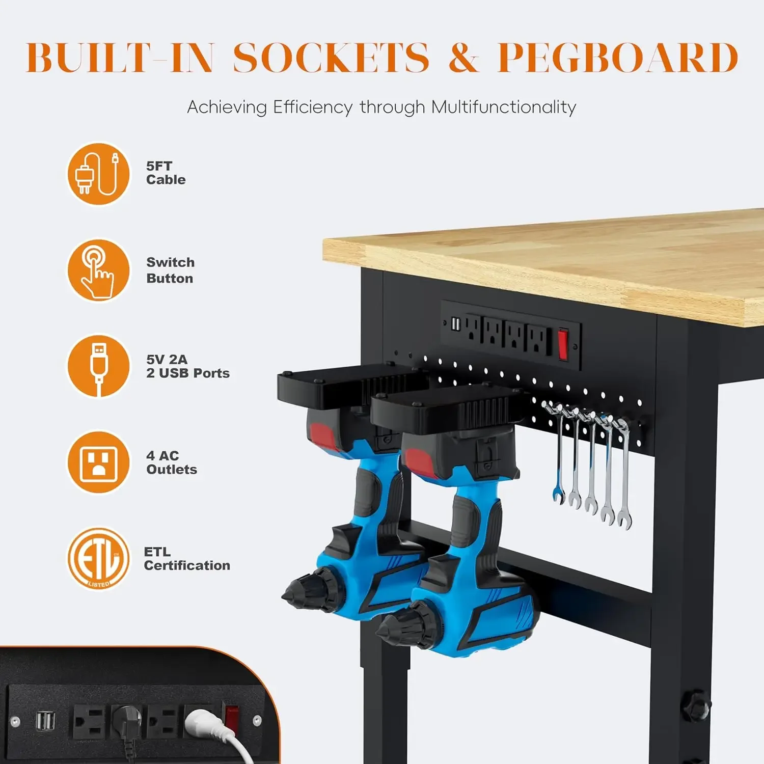 Duty Adjustable Workbench with Large Pegboard, Adjustable Work Table with Power Outlets & Lockable Wheels, Rubber Wood Workstati