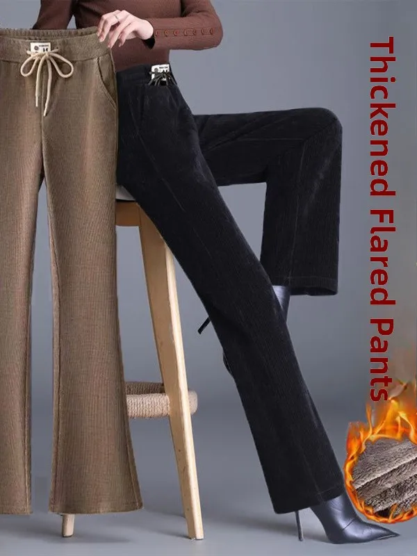 

Бархатные расклешенные брюки ягненка, женские повседневные осенне-зимние вельветовые утягивающие расклешенные брюки на подкладке, удобные брюки с высокой талией