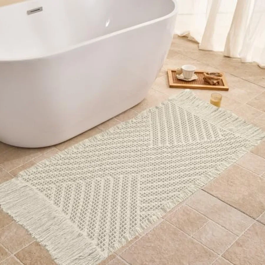 

Waffle Bath Mat Non Slip Boho Runner Rug Super Absorbent Quick Dry Long Bath Runner Bathroom Soft Farmhouse Bath Rug with Tasse