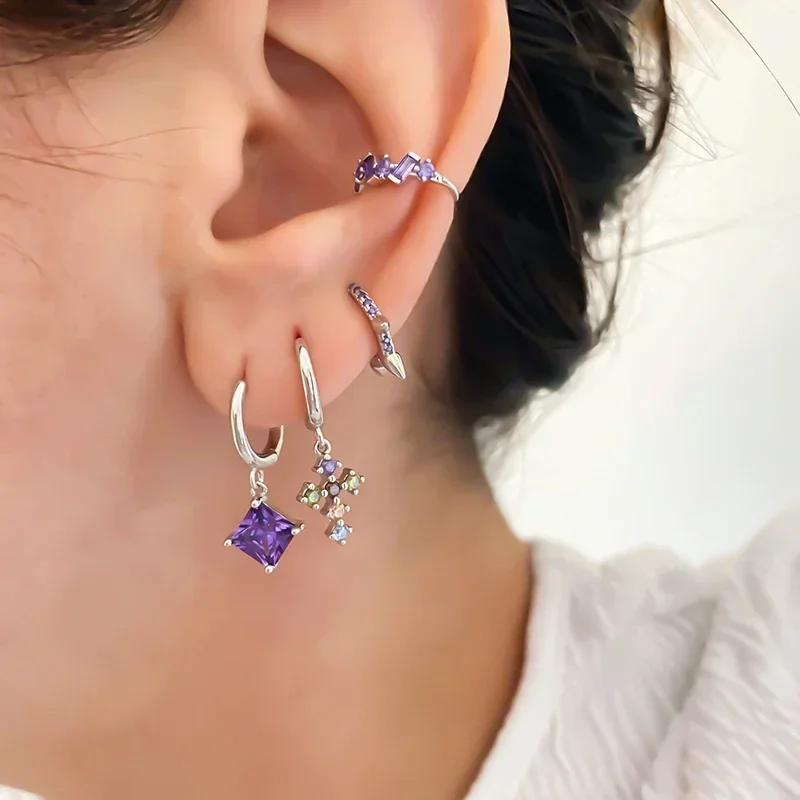 925 Sterling Silver Needle Luksusowe fioletowe kryształowe kolczyki w kształcie serca dla kobiet Geometryczne kolczyki z krzyżem Biżuteria modowa — zdjęcie 7