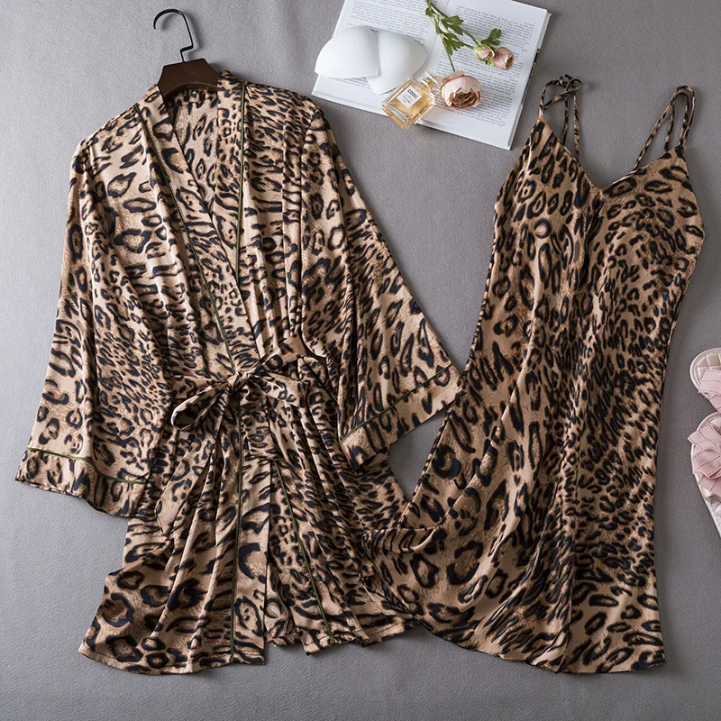 

2 PCS Bathrobe Sleep Suit Women Rayon Nighty&Robe Set Loungewear Summer Leopard Print Kimono Gown Sleepwear Nightgown Lingerie