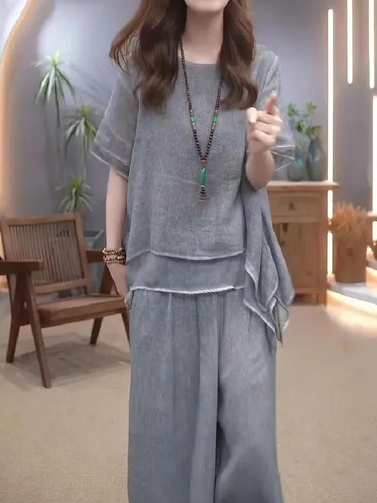 

Хлопково-льняной комплект в стиле ретро, женский летний свободный комплект для похудения, широкие брюки, закрывающие живот, комплект из двух предметов, этнический Sle, оригинальный дизайн