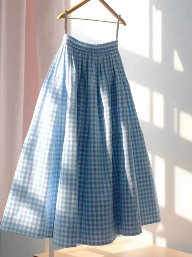 Blue Plaid Cotton Lin High Waist A-Line Skirt Women's Gentle Fairy Style Half-length Skirts Casual Mid-century Fashion Embroi...