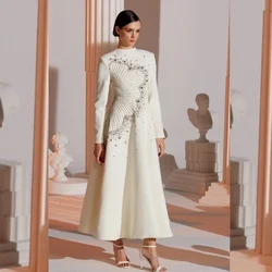 Customized Prom Gown Sequined Flower Beading Ruched Celebrity A-line High Collar High Quality Occasion Gown Dresses for Women