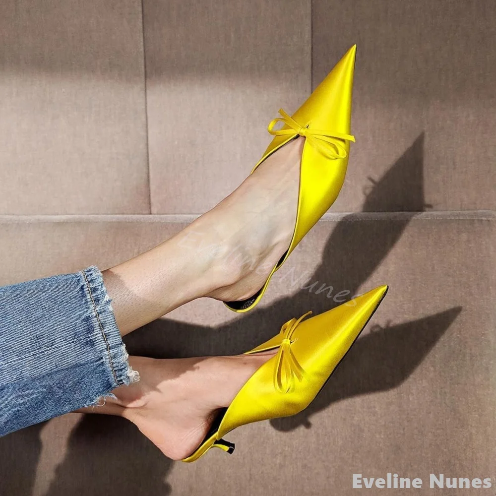 

2025 Pointed Toe Butterfly Knot Silk Sandals Women Solid Stiletto Heel Back Strap Mules Summer New Sexy Elegant Catwalk Slippers