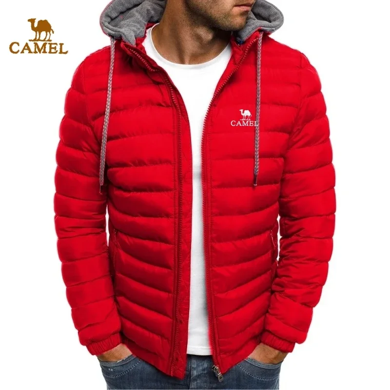 Autumn and Winter Men\'s Embroidered CAMEL Hooded Warm Cotton Jacket, New Fashionable Casual Outdoor Windproof Detachable Top