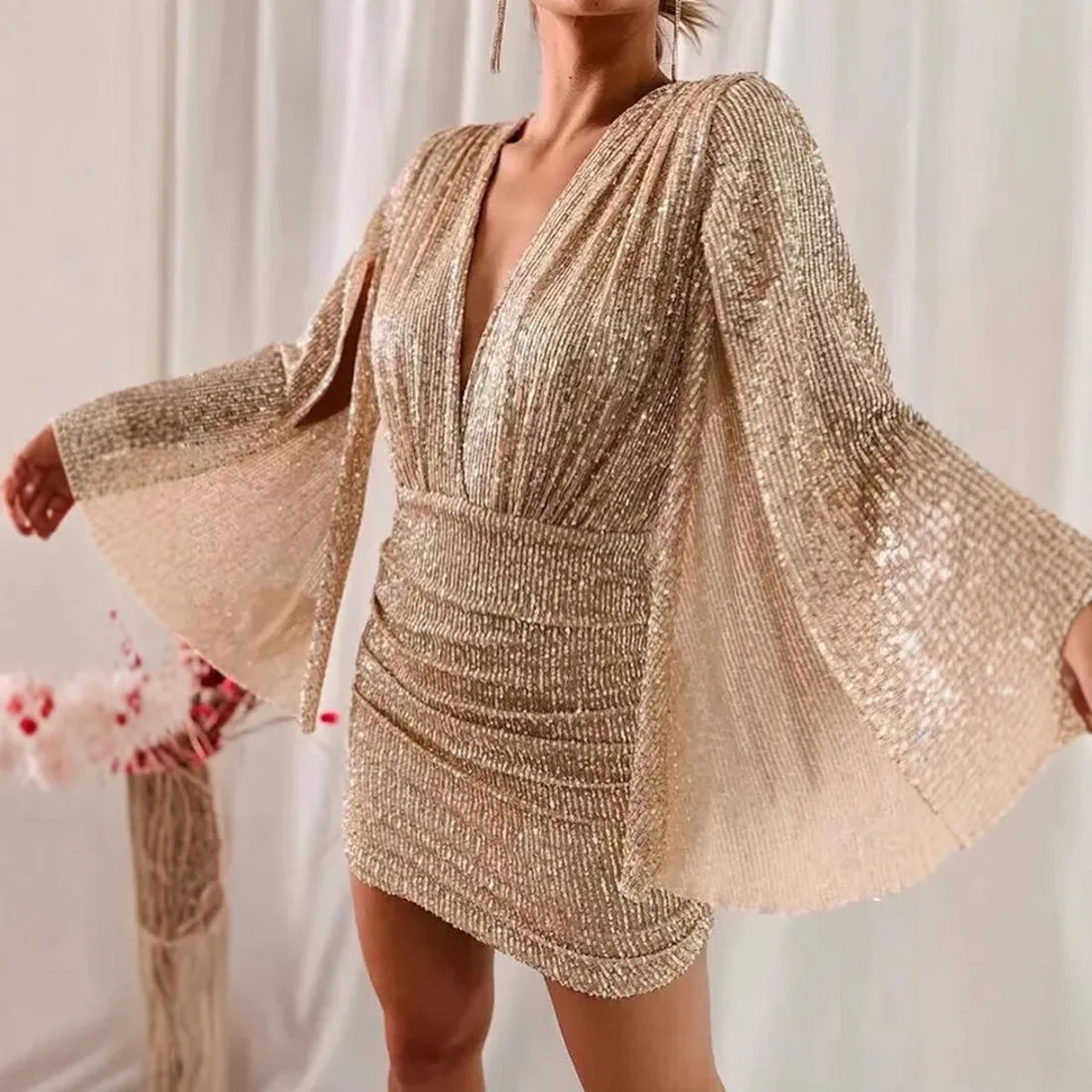 Sexy V-Ne Bodycon  Dr with Asymmetrical Hem And Sequins for Autumn 2025 Retro Sle Long Sve mid Waist Design