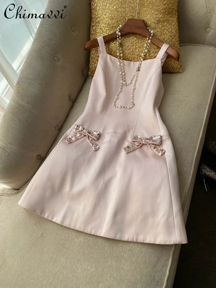 

French Elegant Sweet Princess Pink Birthday Party Dress Sleeveless Sequins Beaded Bow High Waist A-line Short Dress Women Summer