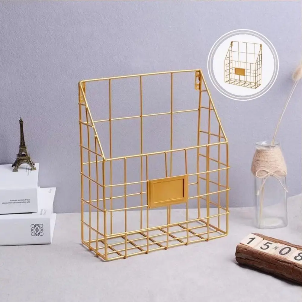Economic Wall Mounted Magazine File Holder Metal Mesh Handle Wire Basket Label Plate Lightweight Mail Organizer Desktop