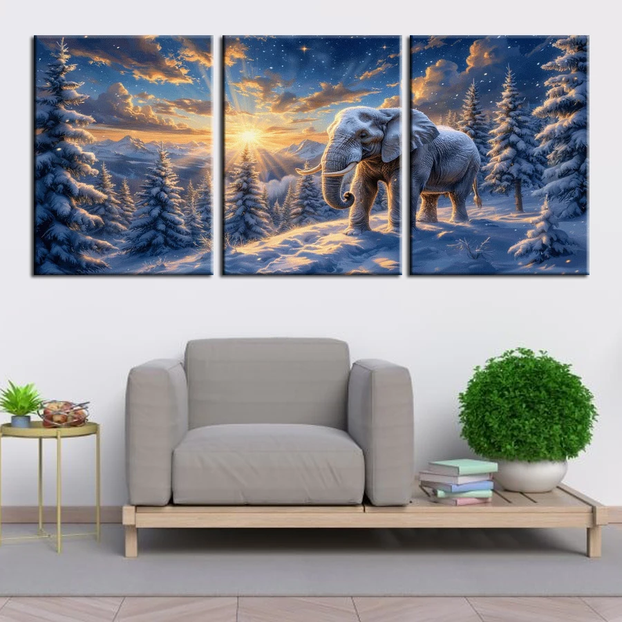 Snow Elephant Picture Diy Diamond Art Painting Triptych Sunset Mountain Winter Scenery Full Mosaic Embroidery Kits 3 Pieces/Set
