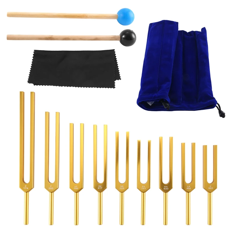 Tuning Fork Set - 9 Tuning Forks for Healing Chakra,Sound Therapy,Keep Body,Mind and Spirit in Perfect Harmony- Gold