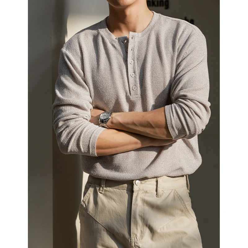 

Men's Vintage Henley Neck Knit Sweater - Gray Textured Long Sleeve (Black/Brown) M-5XL- Loose Fit Casual Old Money Style T-shirt