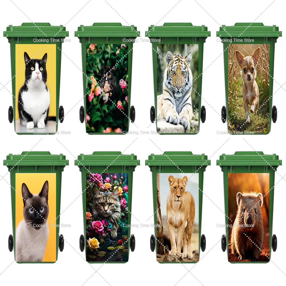 Cute Animal Theme Outdoor Garbage Stickers Cat/lion/groundhog Removable Trash Can Creative Decor Sticker Trash Bin Decals Murals