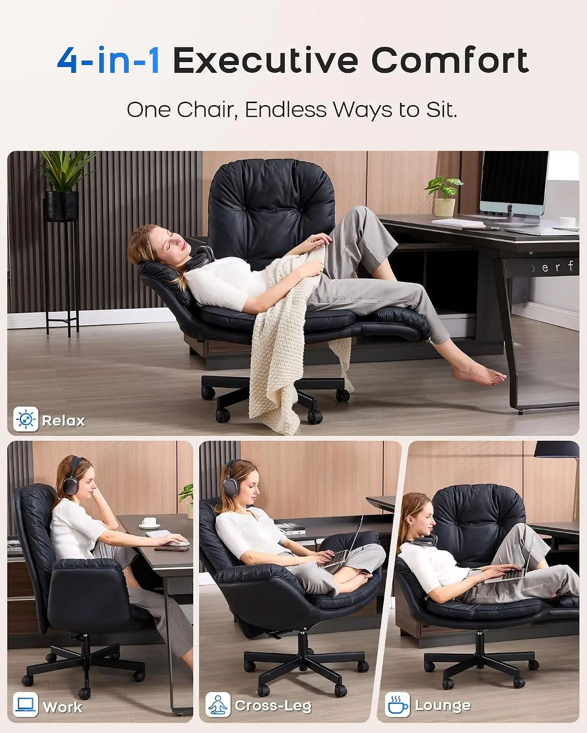 Executive Office Chair, Big & Tall 400 lbs Capacity, Wide Seat, PU Leather, 5-Gear Lay-Flat Armrests (90°–180°) for Cross-Legged