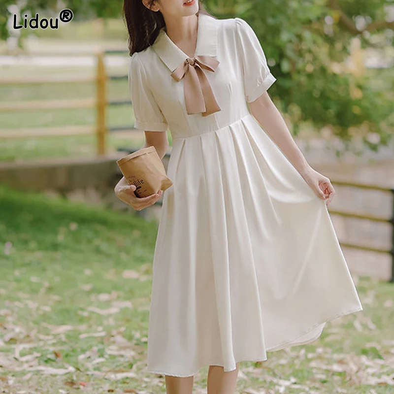 Women's Clothing New Solid Fashion Casual Young Style Loose Knee Skirts Turn-down Collar Simplicity Short Sleeve Pleated Dresses