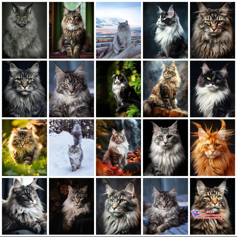 Nuevo Kit de Pintura de Diamantes Maine Coon, Diamantes Cuadrados y Redondos 5D, Bordado de Gato DIY, Arte Hecho a Mano, Regalo Exquisito, Decoración del Hogar