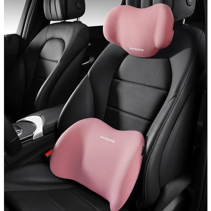 Car Neck Pillow Car Headrest Waist Pillow Set Memory Cotton Car Seat Back Cushion Driver Lumbar Cushion Travel Accessories