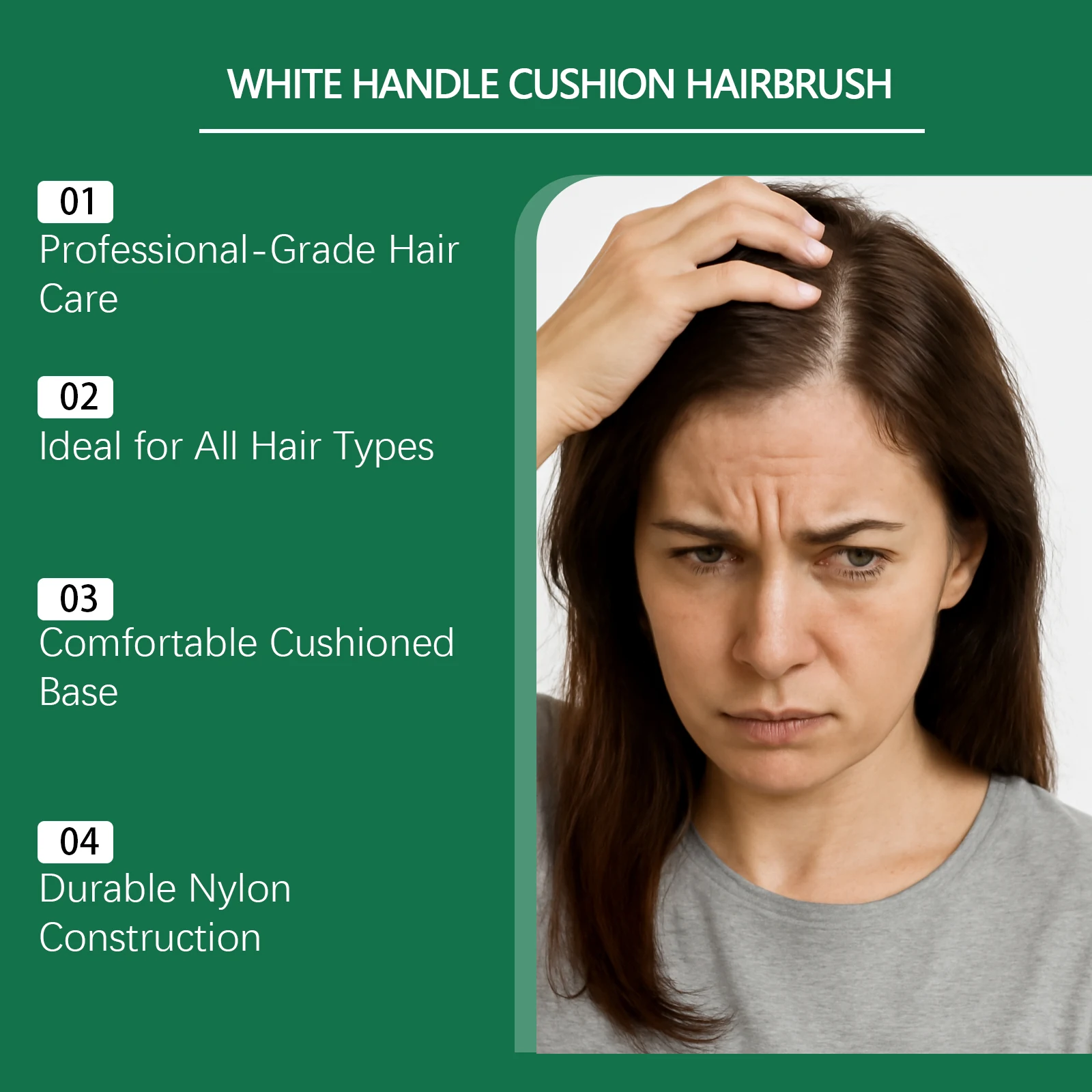 White-Handle Bristle Cushion Brush - Non-Slip Compact Lightweight Hairbrush for Gentle Daily Detangling & Grooming