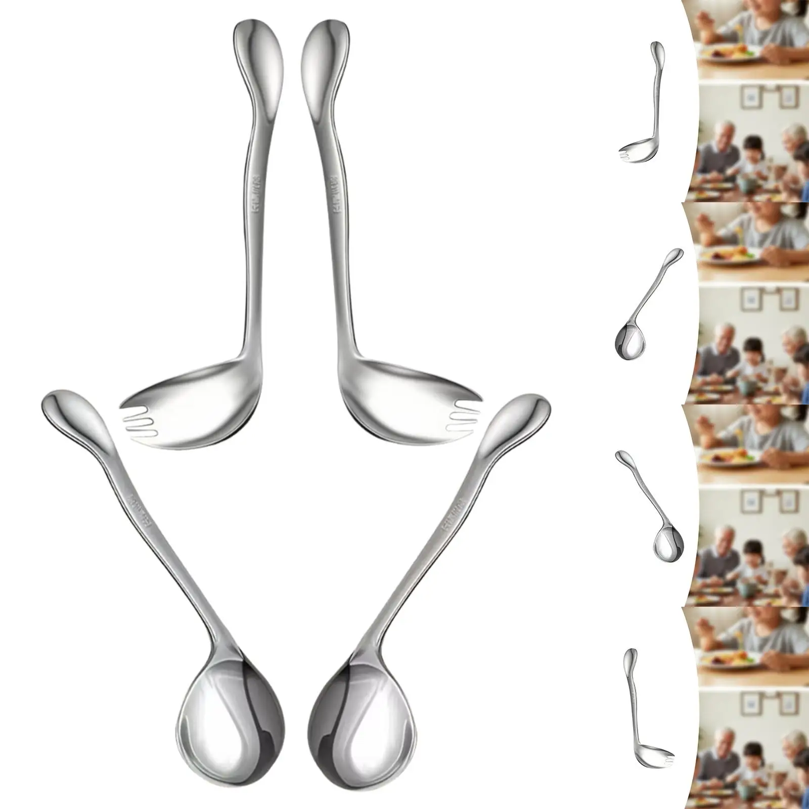 Comfortable Stainless Steel Curved Utensil Eating Aid Adaptive Tableware for Disabled People Home or Travel