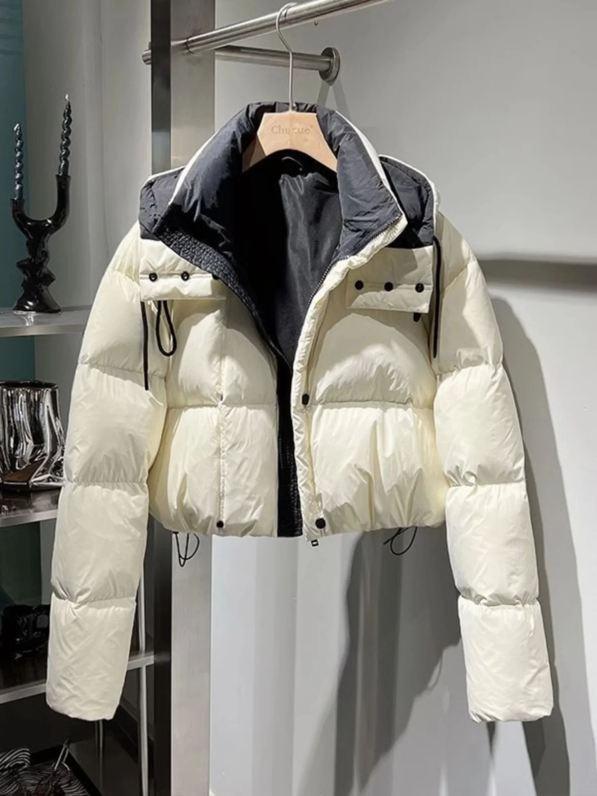 

Fashionable Thickened High Waist Short Coat for Women Detachable Hat Bread Style Cotton Jacket Versatile Winter Outerwear