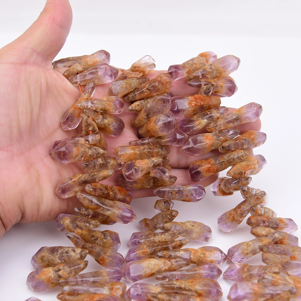 APDGG Big Natural Amethyst With Yellow Quartz Rough Top Drilled Point Freeform Stick Loose Pendant Beads 17'' Strand