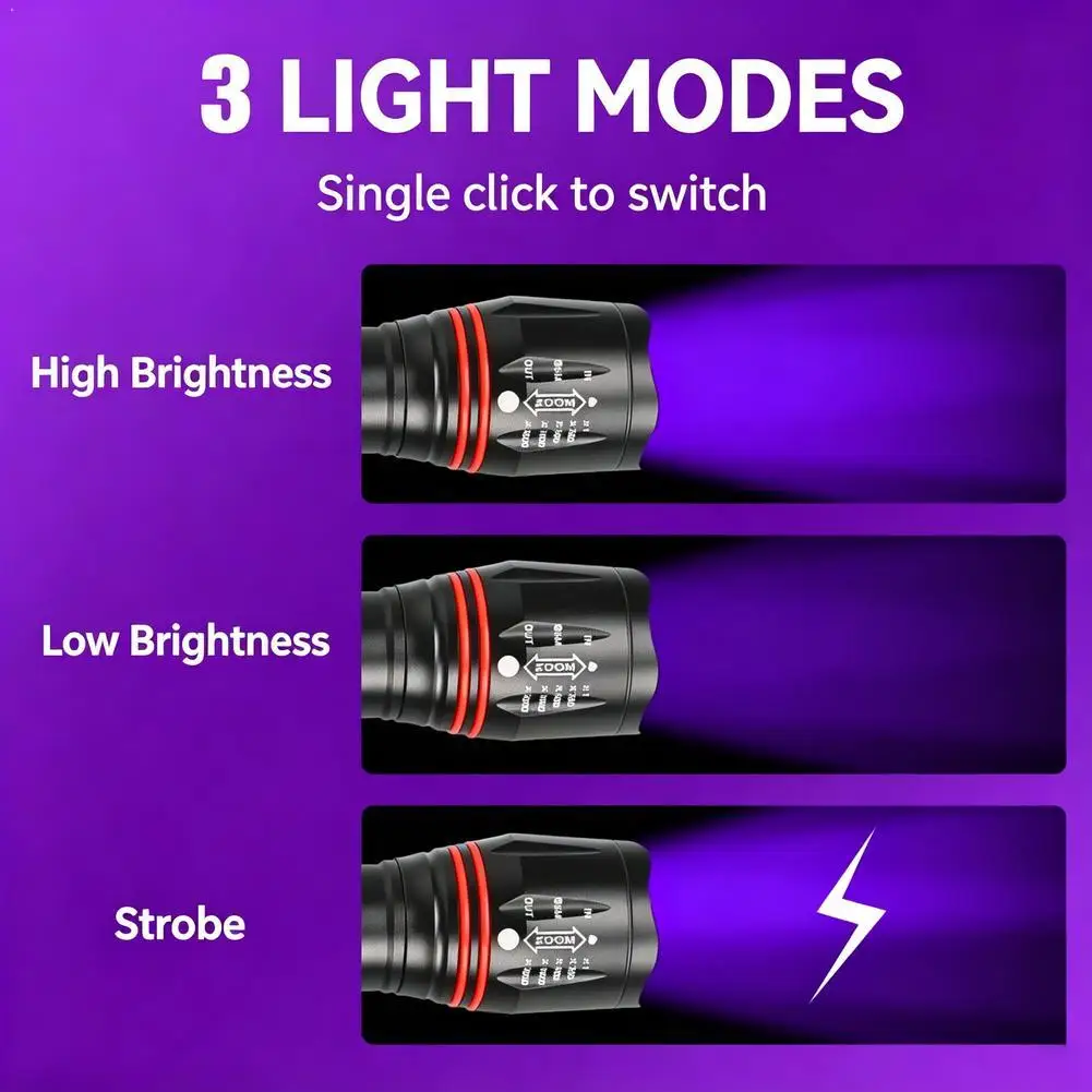 UV Blacklight Flashlight Micro USB Rechargeable Telescopic Zoom Aluminum Alloy Pet Urine Stain Detector 3 Modes Mini Light