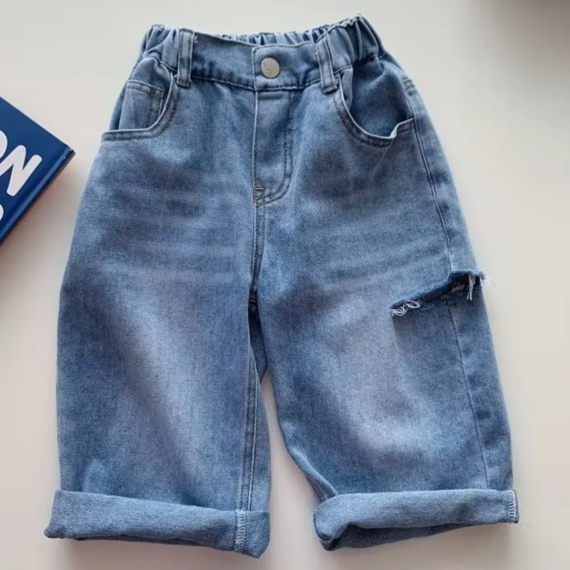 Children's Denim Shorts, Baby Pants, Summer Thin Style, Boys' Summer Clothing, Children's Seven Point Wear And Tear Out Trend