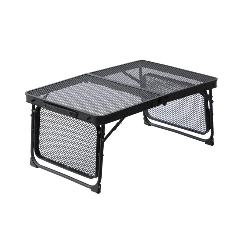 Black Folding Table for Outdoor Camping, Portable Ultra-Light, Aluminum Alloy Binaural Iron Grid Frame, Height Adjustable Coffee