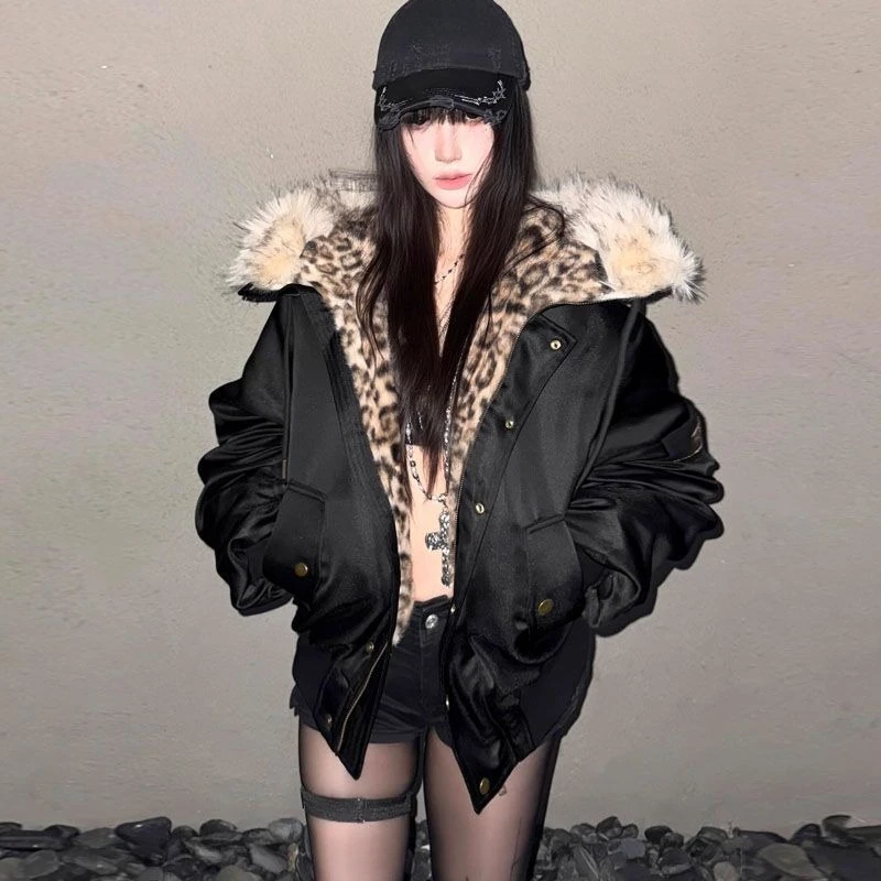 American Vintage Hooded Short Parkas Leopard Women Streetwear Faux Fur Collar Y2k Retro Coat Zipper Patchwork 2026 Winter