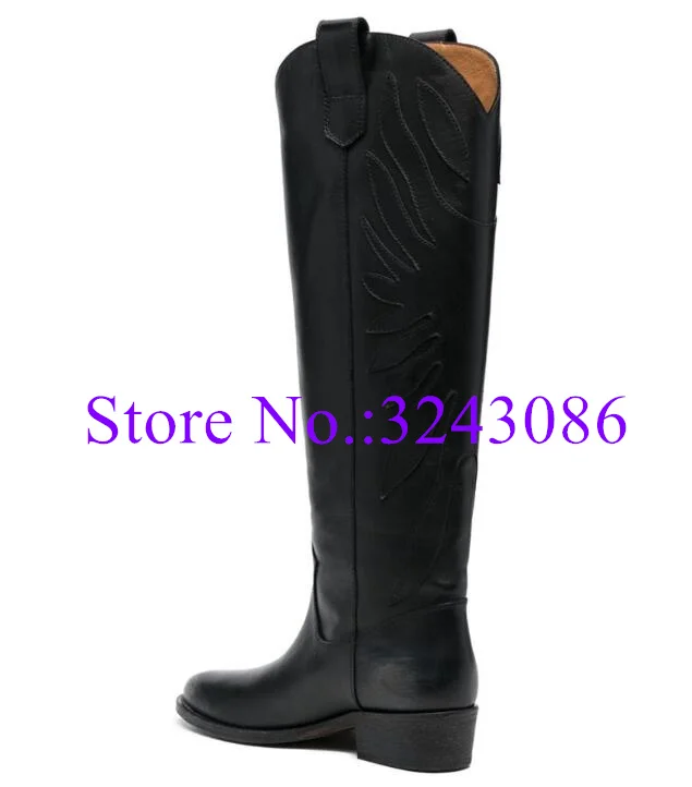 Black Leather Woman Flat Long Boots Fashion Printed Flower Round Toe Lady Knee High Boots Sexy Female Large Size Snow Boots