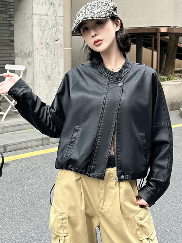 Women Blue Biker Pu Jackets Retro Streetwear Long Sleeve Moto Short Coats Casual O Neck Korean Fall Winter Pockets Outwear New