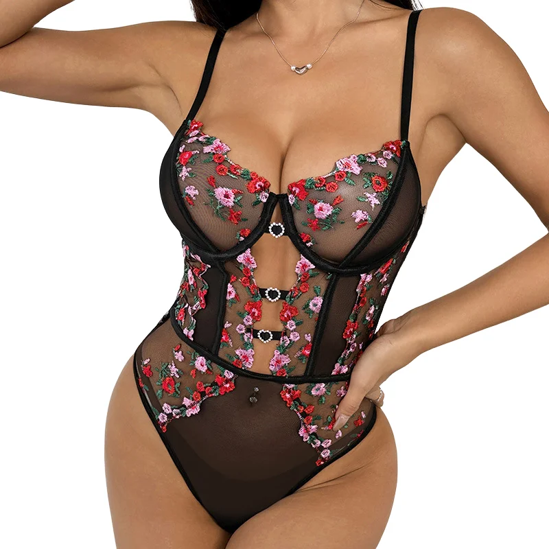 Sexy Lace See-tough Embroidered Print Hollow out Inner Wear Strap Bodysuit Low Waist Long Pants Polyester Fiber Thin Model