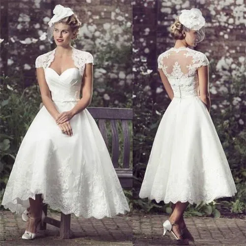 Vestido De Novia corto con manga larga, traje De encaje con escote Corazón, línea A, color blanco, 2021