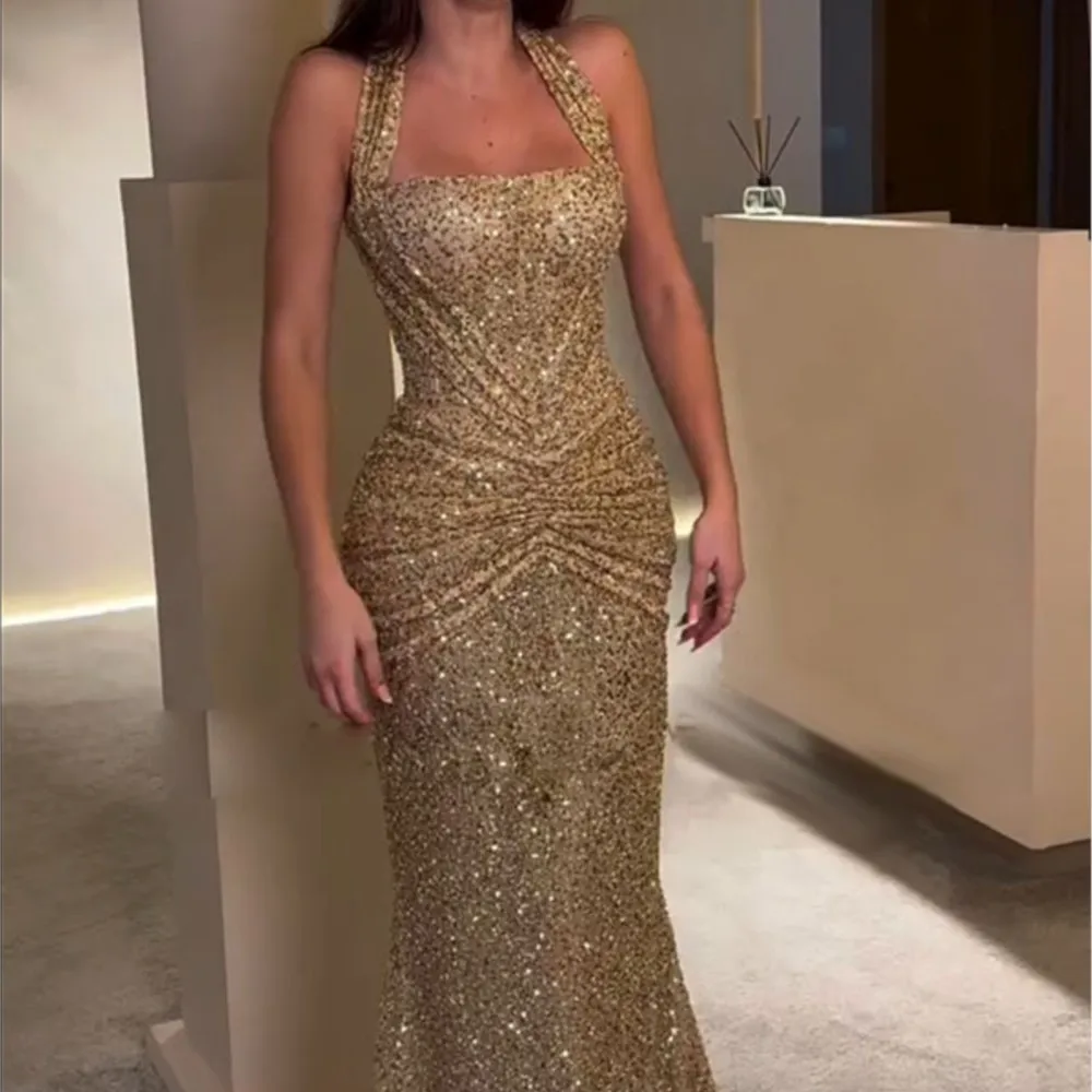 

Slim Fashionable Long Dress Summer Solid Color Elegant Evening Dress Sleeveless Pleated Halter Neck Sequined Fishtail Dresses