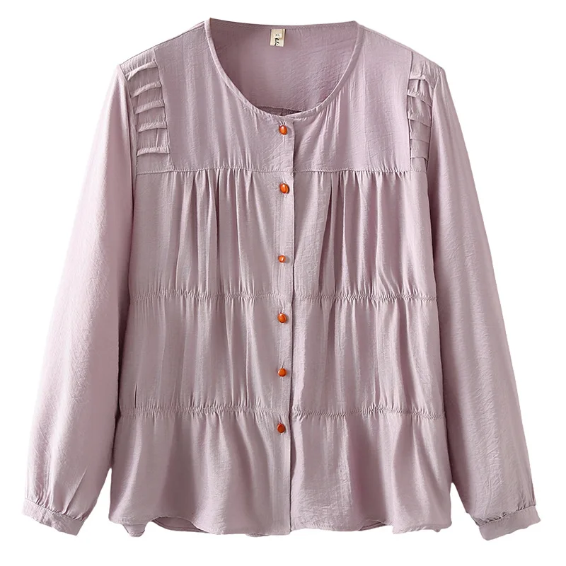 

Plus Size Women's Blouses Autumn New Fold Design Patchwork Long Sleeve O-Neck Solid Color Shirt 2513