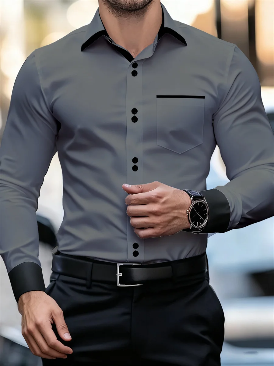 Men's Business Color Block Collar Long Sleeve Shirt, Slim Fit, Wrinkle-Free, Black and White Patchwork Shirt, Men's Fashion Top - Image 4