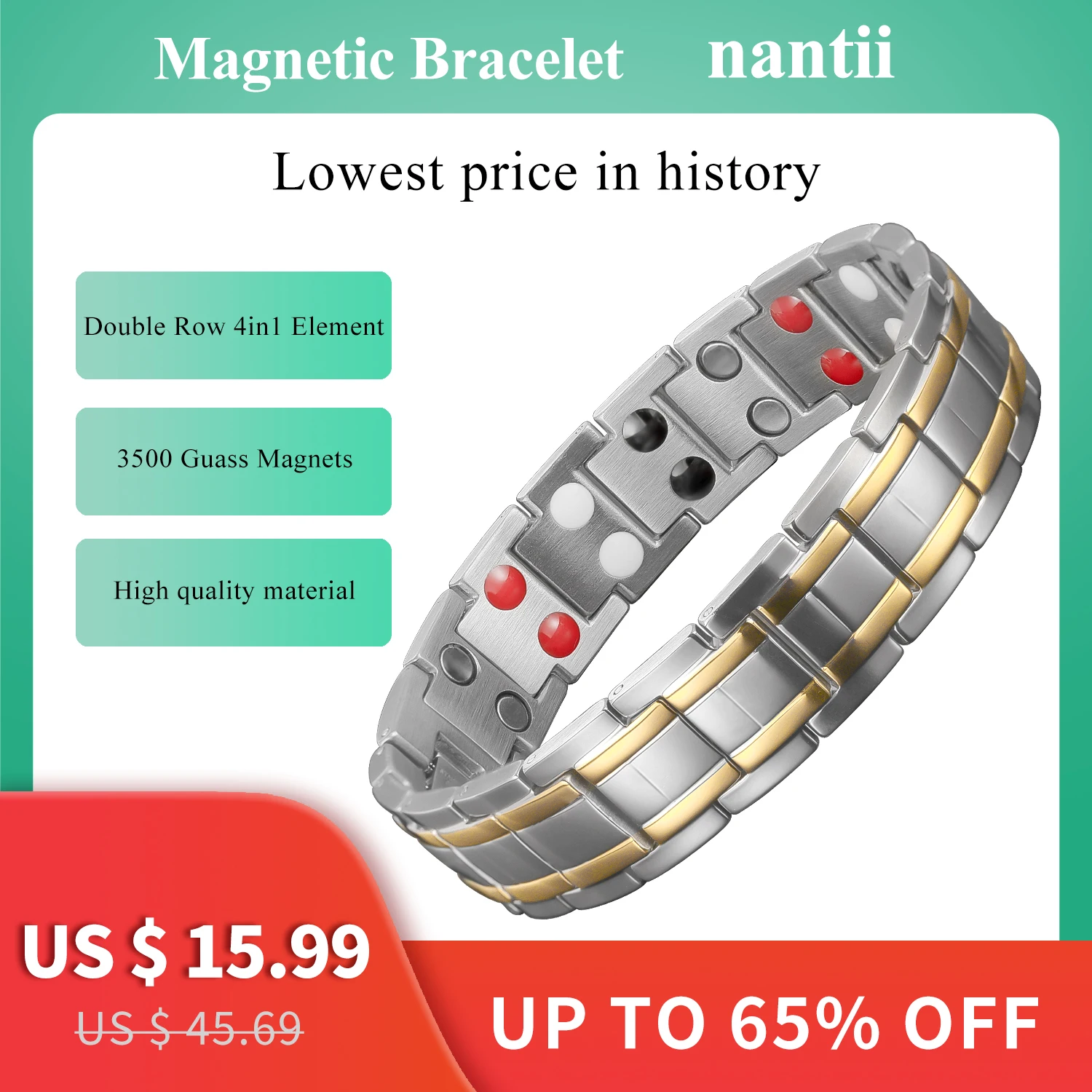 Bio Magnetic Healing Therapy Bracelet for Men Double-Row 3500 Guass Magnet Jewelry Relieve Arthritis Pain Health Care Bangle